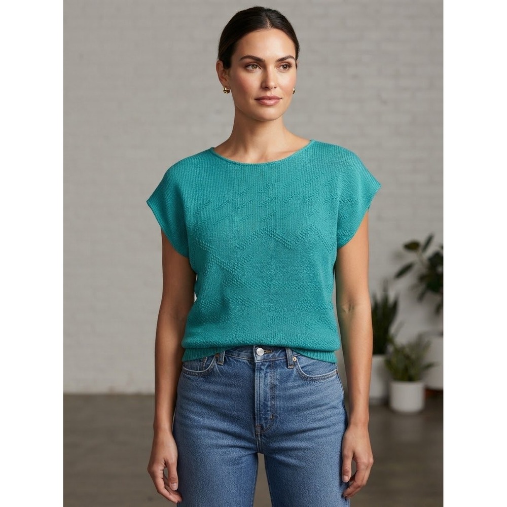 Herald House Teal Green Cotton Knit Short Sleeve Chevron Sweater Top Med USA